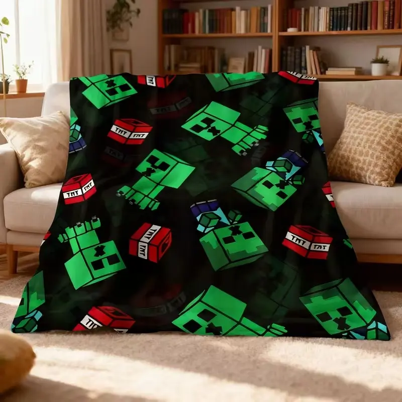 Minimalist Block Pixel Art Print Flannel Throw Blanket, Soft Plush Warm Flannel Cover for Sofa Bed Travel, Modern Cute Geometric Pattern Decor, Ideal Birthday Christmas Valentine Holiday Present for Game Style Lovers