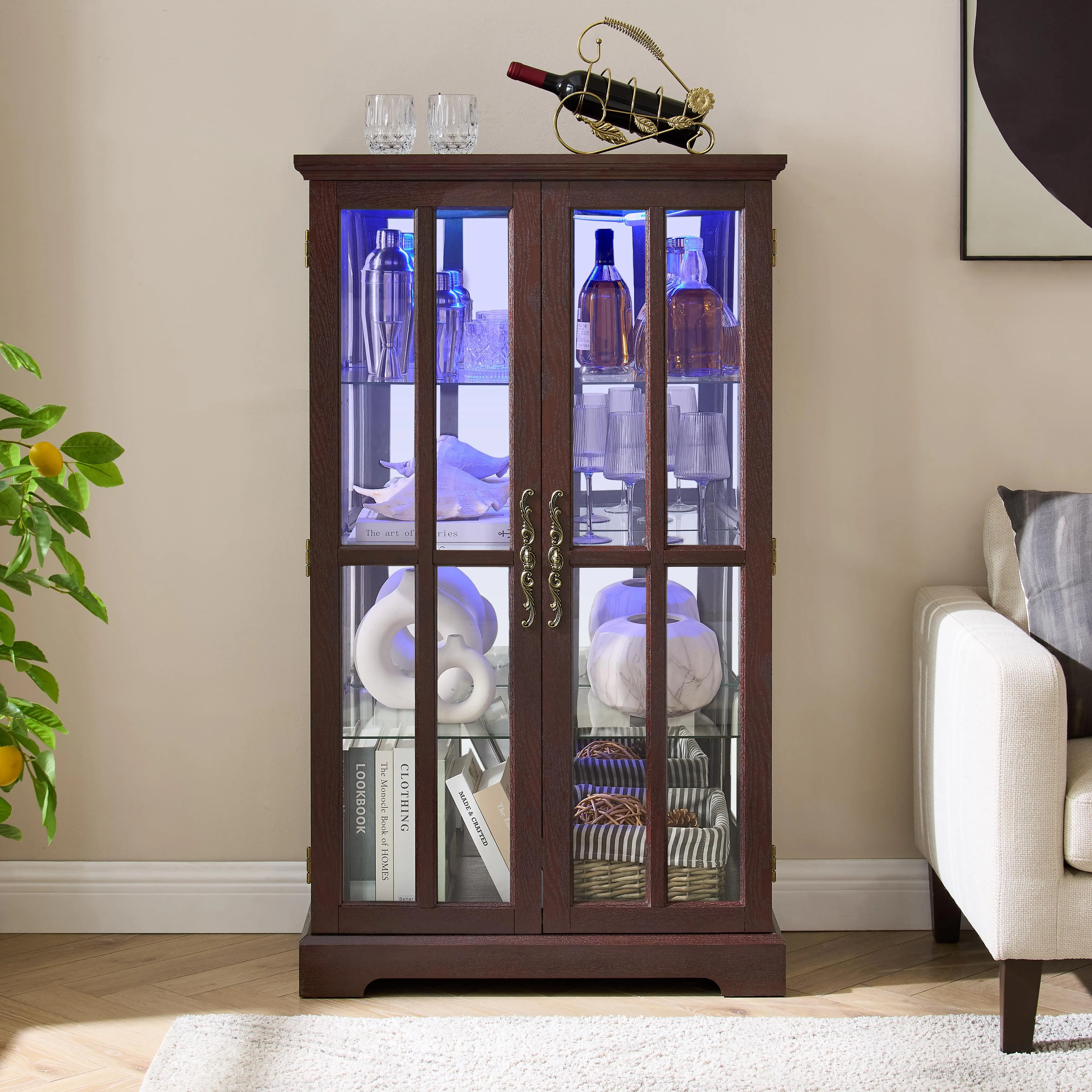 Eyisean 53" LED Glass Display Cabinet with Customizable Color Lights, Vintage Curio Cabinet with Lattice Door & 3 Adjustable Shelves, Wooden China Cabinet for Living Room, Kitchen