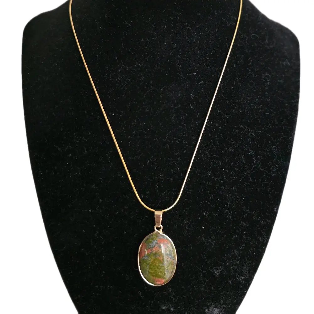 Oval Unakite Gold Pendant Necklace, 18K Gold Plated Snake Chain Green & Pink Gem