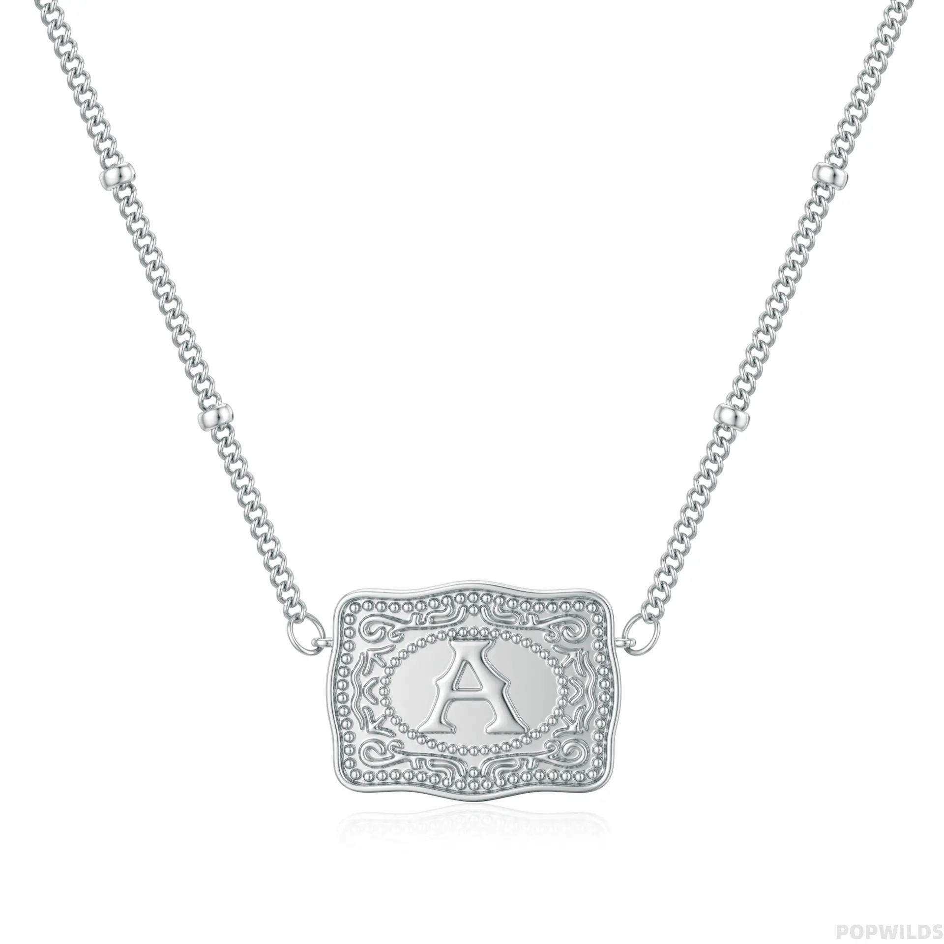 Women's Embossed Initial Necklace - Unique Belt Buckle Pendant, Silver Initial Necklace, Classic Chic Costume Jewelry, Daily Wear Fashion Accessory, Thoughtful Female Birthday Gift, Initial Necklaces