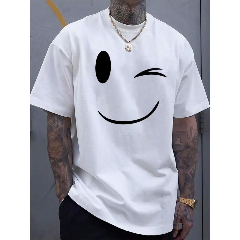 Summer Must-Have: Men's Fashionable Smiling Face Printed Casual T-Shirt - Breathable 100% Cotton, Round Neck, Short Sleeved