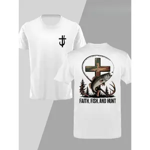 Trendy Mens Southern Charm Outdoor Fishing Graphic Tee. Camo Cross Deer Antlers and Bass Print. Casual Short Sleeve Crewneck Unisex Summer Top. Comfortable Knit Fitted Design. Country Boy Aesthetic Outdoorsman Hunting Apparel.