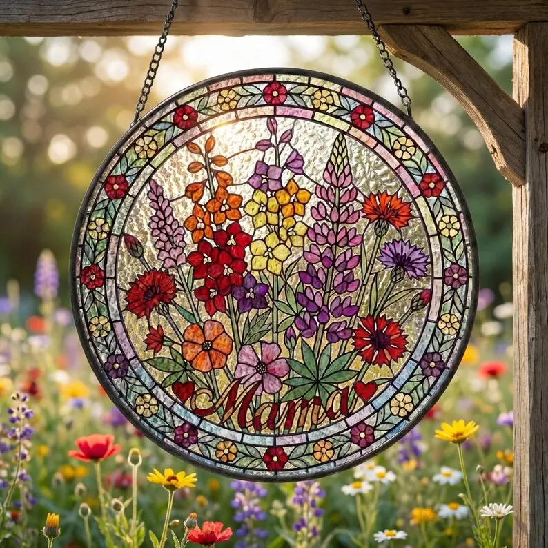 Personalized Mama Garden Suncatcher, Birth Flower Stained Glass Window Hanging, Mothers Day Gift, Custom Floral Window Decor, Gift for Mom, Personalized Sun Catcher