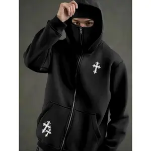 Men's Black Gothic Cross Balaclava Zip-Up Hoodie, Hooded Sweatshirts, Oversized Edgy Streetwear Sweatshirt with Full-Face Mask, Soft Fleece Casual Top for Dark Aesthetic & Gothic Enthusiasts, Daily Wear & Street Style Statement