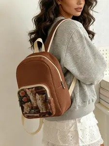 Lady's two-shoulder bag, Casual printed backpack, with 2D printed kitten and rose pattern, velvet texture, layered storage, lightweight, suitable for students class/shopping/short trips, practical