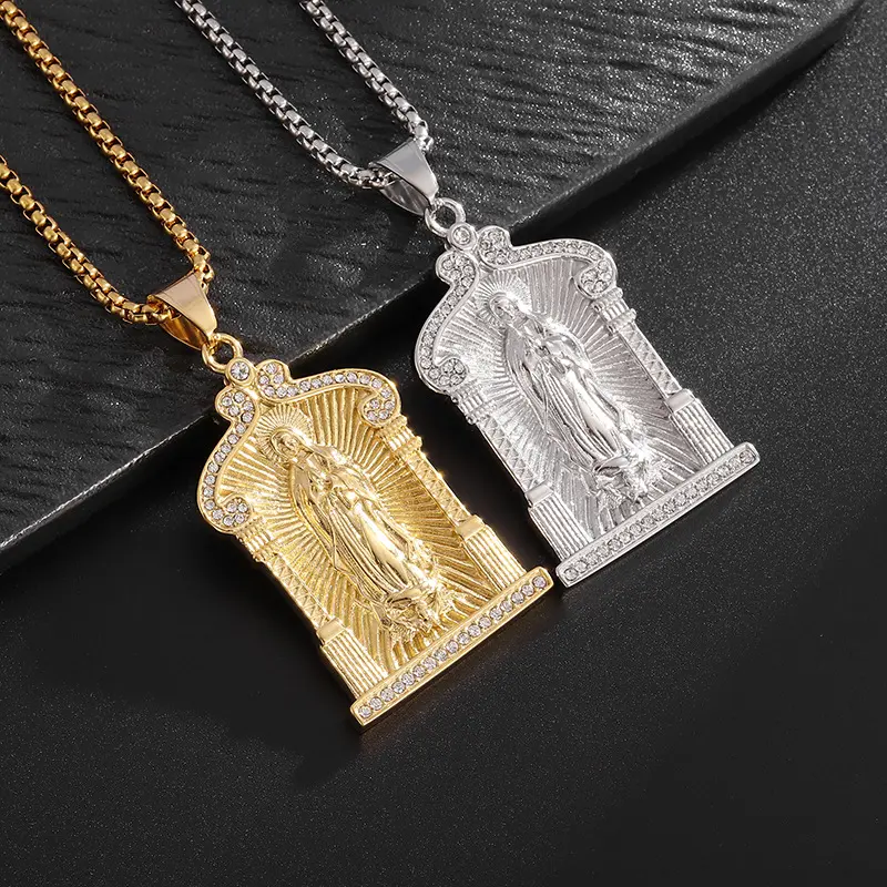 Hip Hop 18K Gold Plated 5A Zircon Sparkling Virgin Mary Golden And Silvery Pendant Men/Women Stainless Steel Faith Necklace, High-quality Carving Craftsmanship, Non Fading Waterproof Pendant Perfect Birthday Gift, Christmas Gift