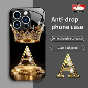 Suitable for [iPhone 15 Pro Max] New high-end crown gold base letter glass mobile phone case New business simple metal paint electroplated glass mobile phone case Affordable price Anti-drop and anti-fingerprint 995