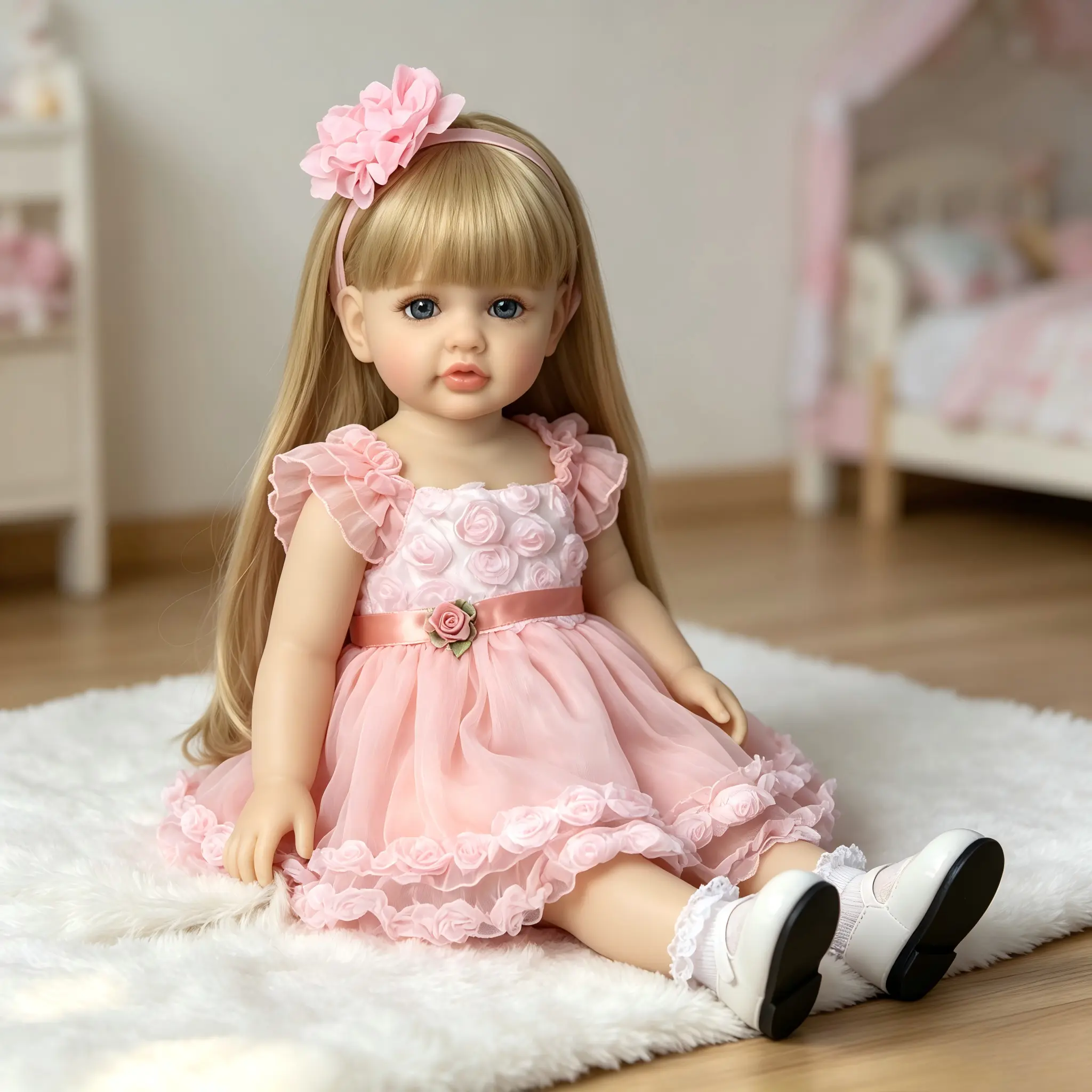 22-Inch Lifelike Reborn Baby Girl Doll - Blonde Hair, Blue Eyes, Pink Dress, Gauze Skirt, Dress-Up Option, Collectible Cute Clothes, Soft Cuddly, Little Gift for Girls, Ideal Birthday Present, Cute Clothes Dolls, Dress Up Dolls