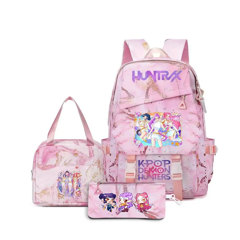 Kawaii Pink Golden Marble Texture 3‑in‑1 Backpack Kit,KPOP Anime Girl Group Printed School Bookbag, Portable Lunch Tote Bag + Stationery Pouch, Lightweight Travel Rucksack for Teen Girls