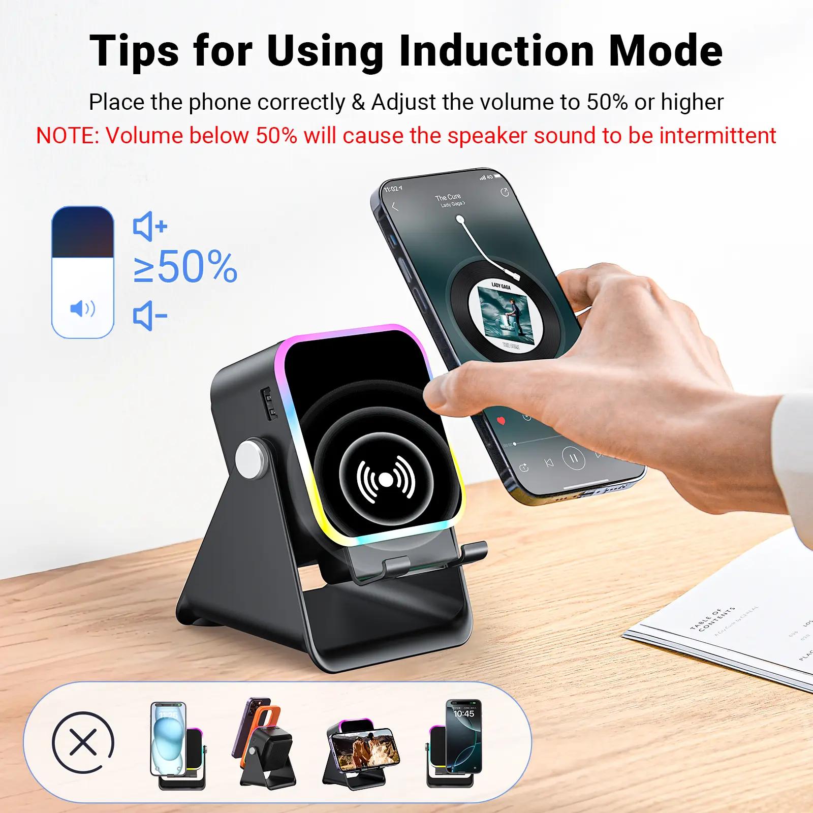 Wireless Induction Audio Speaker Stand, 5in1 Cellphone Holder, 3500mAh Rechargeable Emergency Power Bank,360° Adjustable Mobile Tablet Stand with Colorful Ambient Light Gifts for Men Women Mothersdaygift SummerVibes