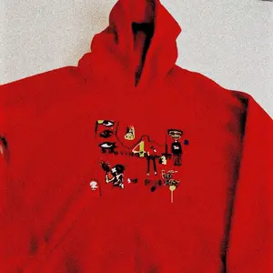 Praying4Sanity Hoodie "Free Jeffrey" Unisex Red with Graphic Design, Hood, and Front Pocket Pullover