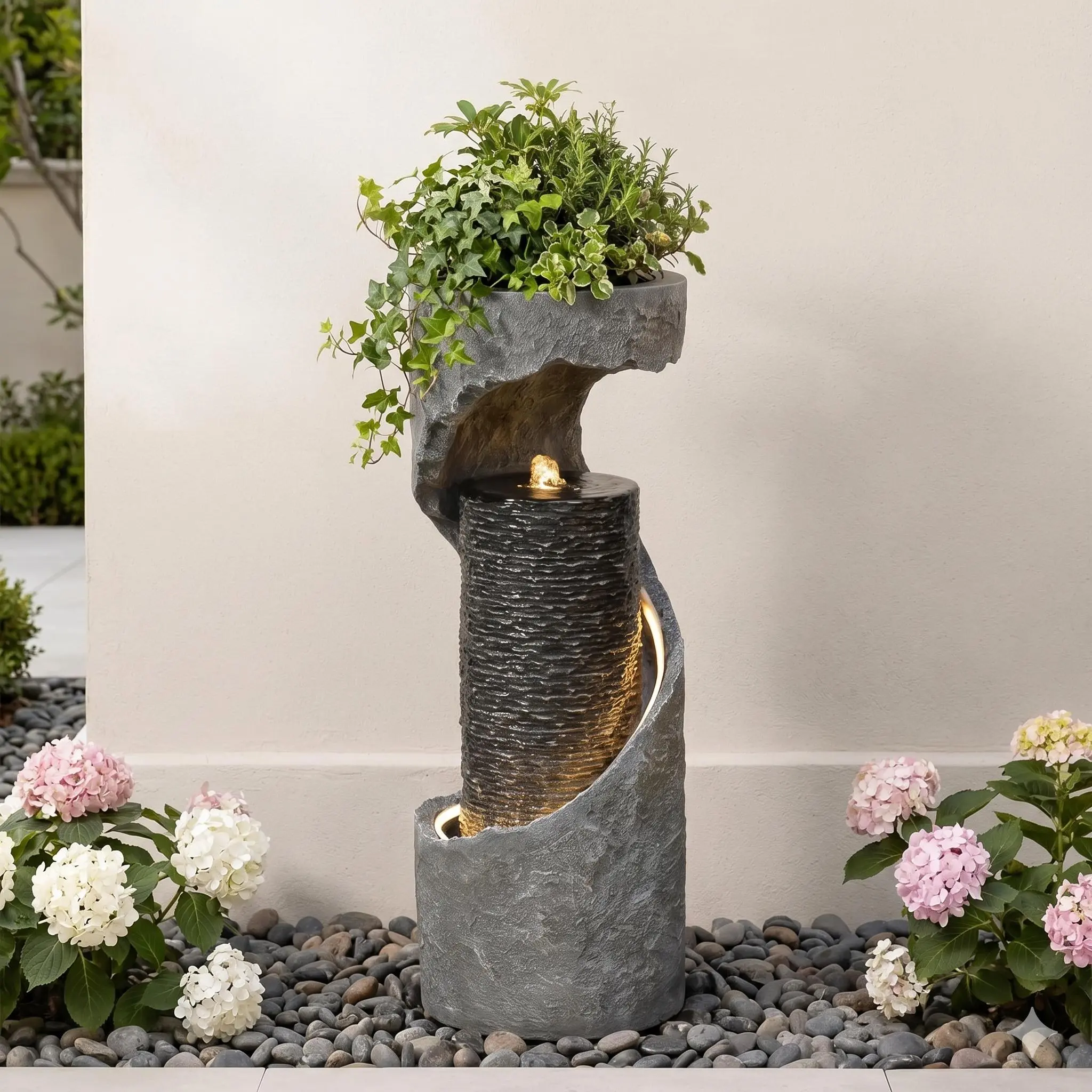 Tankana 35.5" H Modern Spiral Outdoor Garden Water Fountain with Planter, LED Light, Bubbling Design - Home Decor for Outdoor Patio, Indoor Living Room Corner, Outdoor Garden Fountain