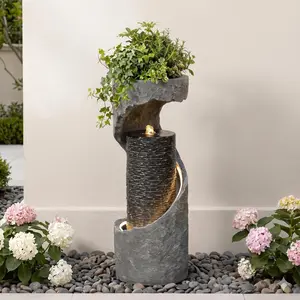 Tankana 35.5" H Modern Spiral Water Fountain with Planter, LED Light, Bubbling Design for Outdoor Patio, Indoor Living Room Corner