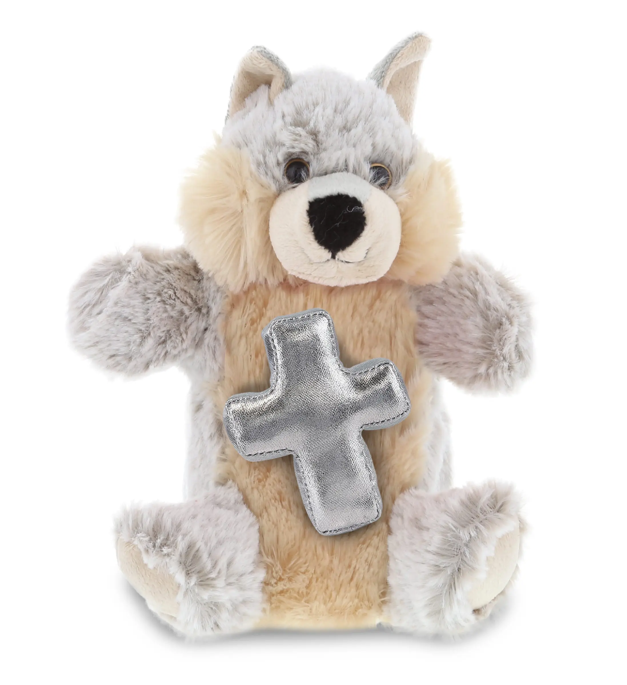 DolliBu Wolf Hand Puppet Plush - 1pc Super-Soft 9.5in Religious Stuffed Animal with Metallic Silver Cross, Polyester Healing Toy, Unisex Baptism Christening Gift, Hand Washable, Home Decor