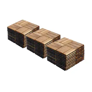 Interlocking Deck Tiles Checker Pattern, 12" x 12" Square Yellow Acacia Hardwood Outdoor Flooring for Patio, Bancony, Pool Side
