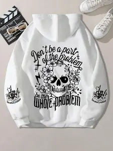 Women's Halloween Skull Poster Print Hooded Long Sleeve Sweatshirt, Comfortable Warm Casual Fall Winter Sleepwear Set