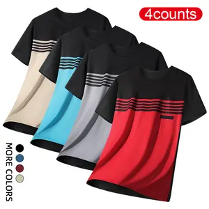 4-Pack Men’s Short Sleeve T-Shirts, Striped Panel Design; Casual Everyday Wear, Comfortable Breathable Fabric, Suitable for Summer.#SummerVibes