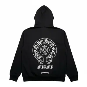 Men's Long-Sleeve Casual Hooded Sweatshirt - Chrome Hearts Miami Edition Horseshoe Logo Print, All Seasons Black White Menswear Top