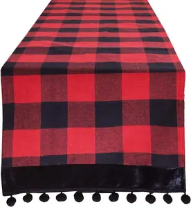 Buffalo Plaid Red and Black Velvet Pom Pom Trim Design Cotton Table Runner 16" W x 72" L - Holiday Plaid for Christmas, Home, Dinding Table Décor, Banquet and Special Occasion