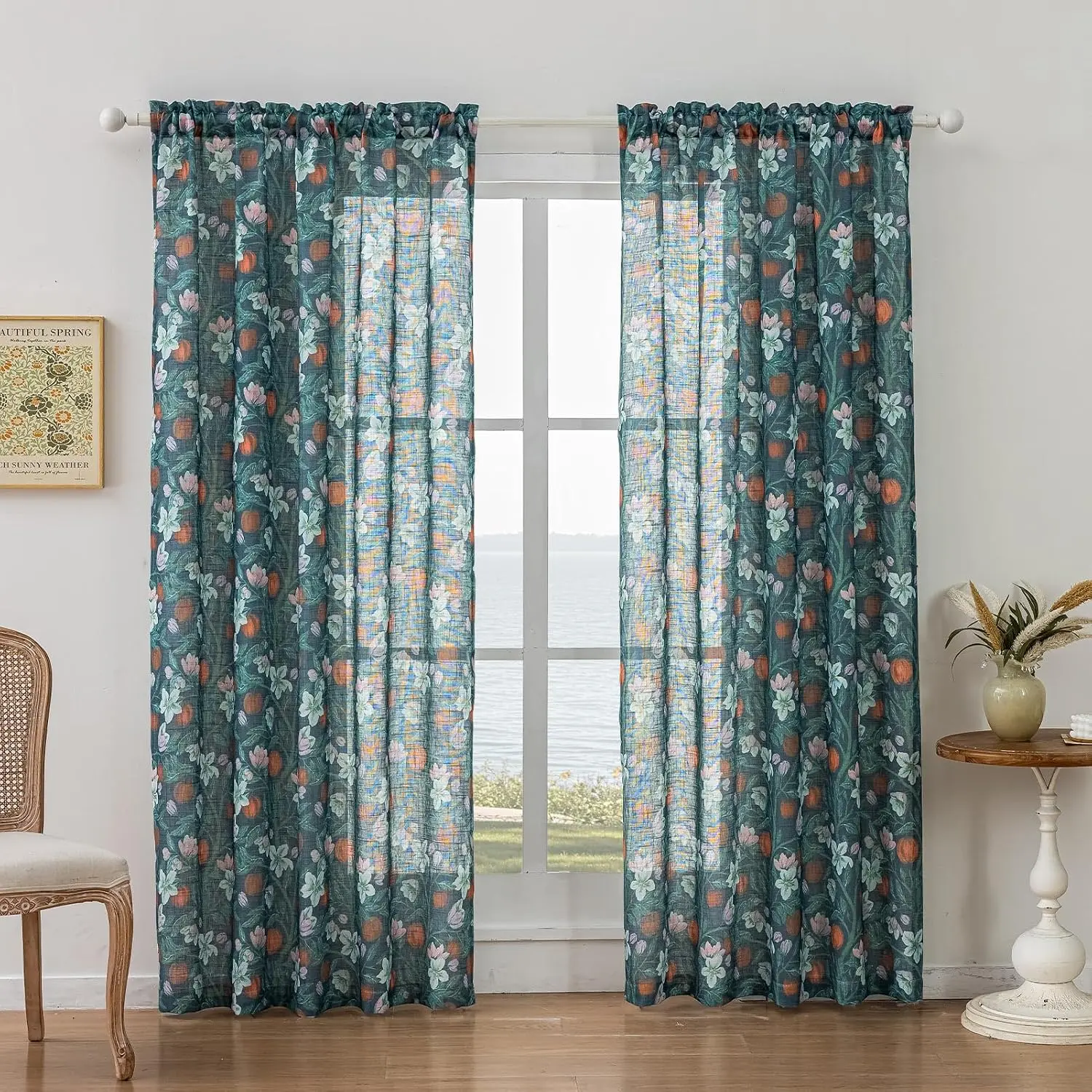 Vintage Boho Semi Sheer Floral Print Cross-Weave Linen Textured Curtains - 2 Panels, 52" W x 84" L Rod Pocket, Teal Dark Green Orange, Farmhouse Drapes with Privacy Filter for Living Room Decor, Two Panels