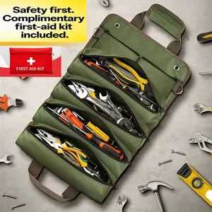 Thickened waterproof roll-up tool bag with multiple pockets, perfect for electricians, carpenters and construction workers. A portable tool organizer for outdoor camping, fishing and car trunk storage.