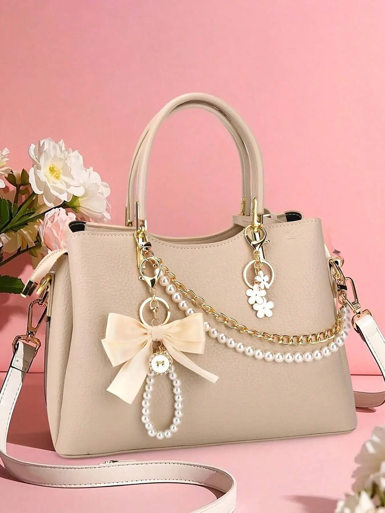 3Pcs/Set Metal Bag Chain Charms & Keychains Set - Double Layer Faux Pearl Bead+Chain Purse Charms+Ribbon Bow Beaded Keychain, Decorative Bag Chain Handbag Decorations With Pearl Accents, Purse Charms For Handbags, Bag Accessories Charms