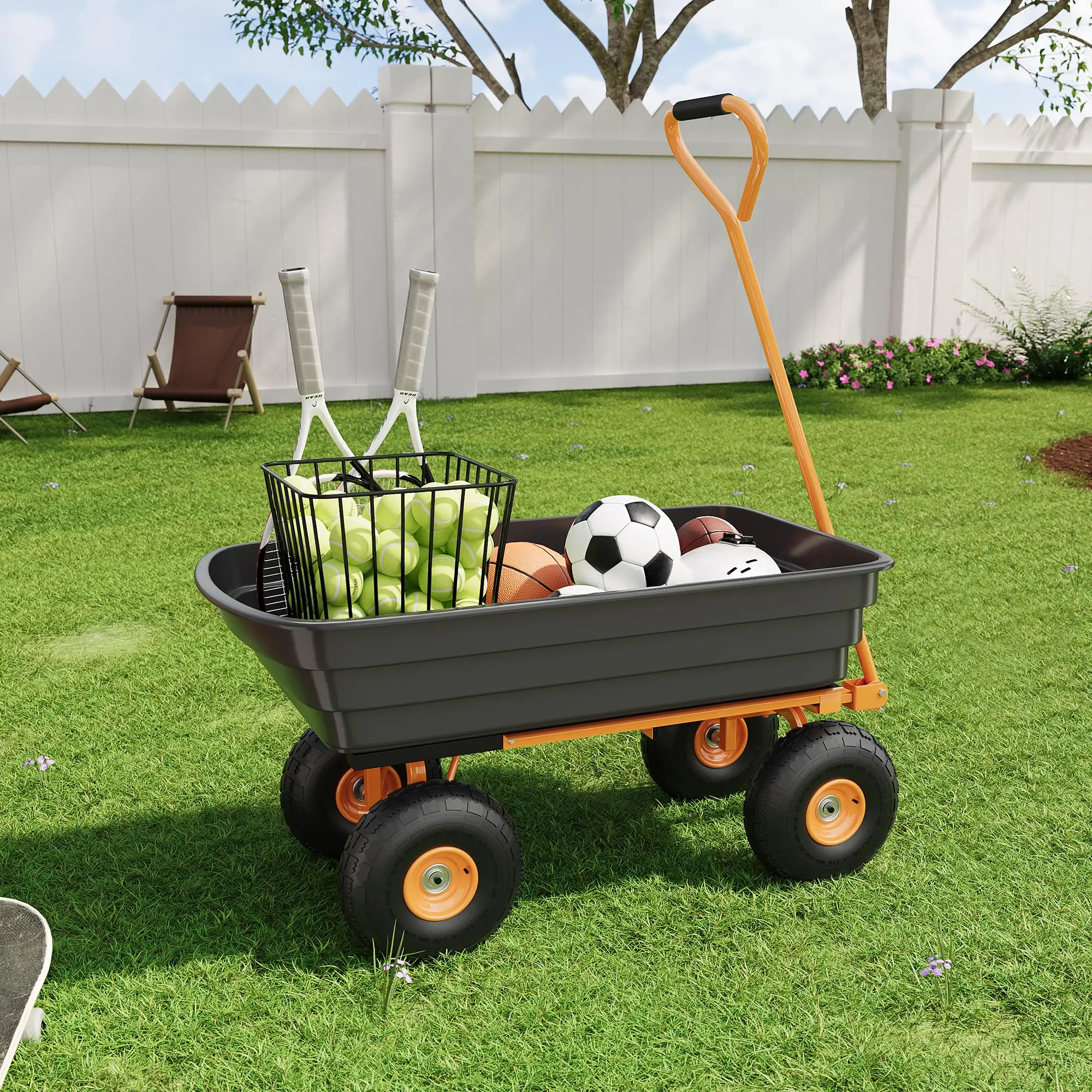 Garden Dump Cart, 600Lbs Garden Cart, Heavy-Duty 4 Wheel Wheelbarrow Yard Cart with 10-Inch All-Terrain Wheels, , for Courtyards,Farm,Gardening,Black durable poly dump cart