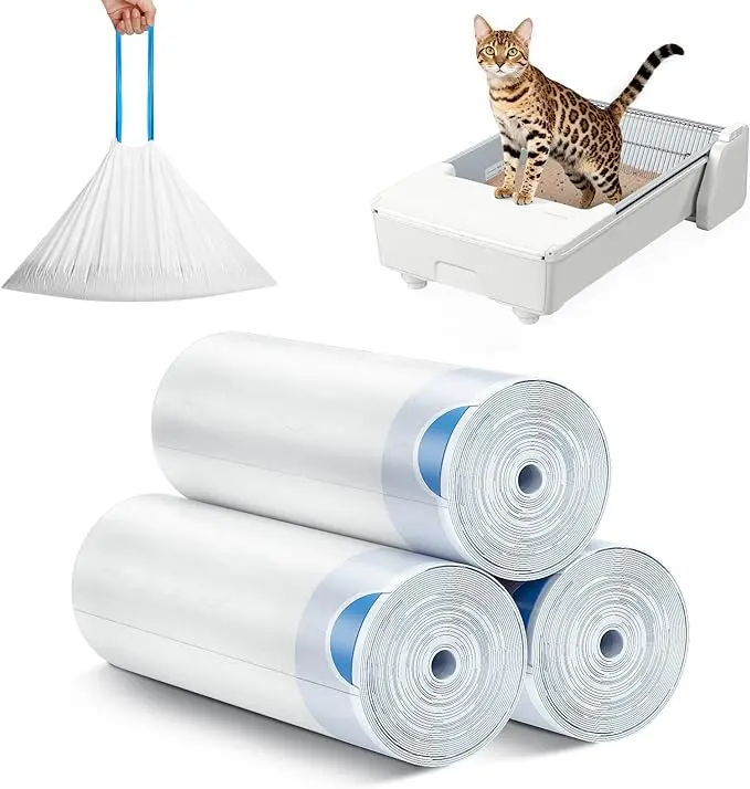 Meowant Self-Cleaning Litter Box Liners for MW-SC03 Trays, 3 Rolls x 20 Bags (60PCS) Heavy-Duty Fast Drawstring Tie Bags - Extra-Thick, Leakproof, Odor-Control 58x25cm Accessory for 10kg Cats