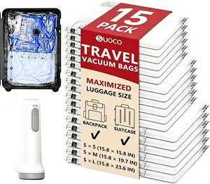 15 Pack Vacuum Storage Bags for Travel with Rechargeable Cordless Pump, Space Saver Bags for Clothes, Compression Packing Bags for Luggage and Suitcase, 15 Combo Size