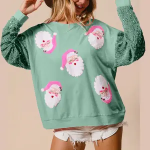 Women's Sparkly Christmas Sweatshirt Cozy Glitter Pullover Top with Sequins Patch Long Sleeve Crewneck Shirt for Holiday & Casual Wear Trendy Oversized Fit Colorful Bling Costume Essential Light Green Polyester Hoodie Party Womenswear
