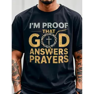 Men's Cotton T-Shirt featuring I Am The Proof Of God's Response To Prayer with Golden Crown Cross and Lettering Soft Breathable Fabric Ideal For Church Easter And Christmas White and Black Crew Neck Short Sleeve