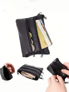 Sleek Sheepskin Coin Wallet with Keychain, 4 Zippered Pockets, Multi-Compartment Organizer, Compact Leather Wallet for Travel & Daily Use