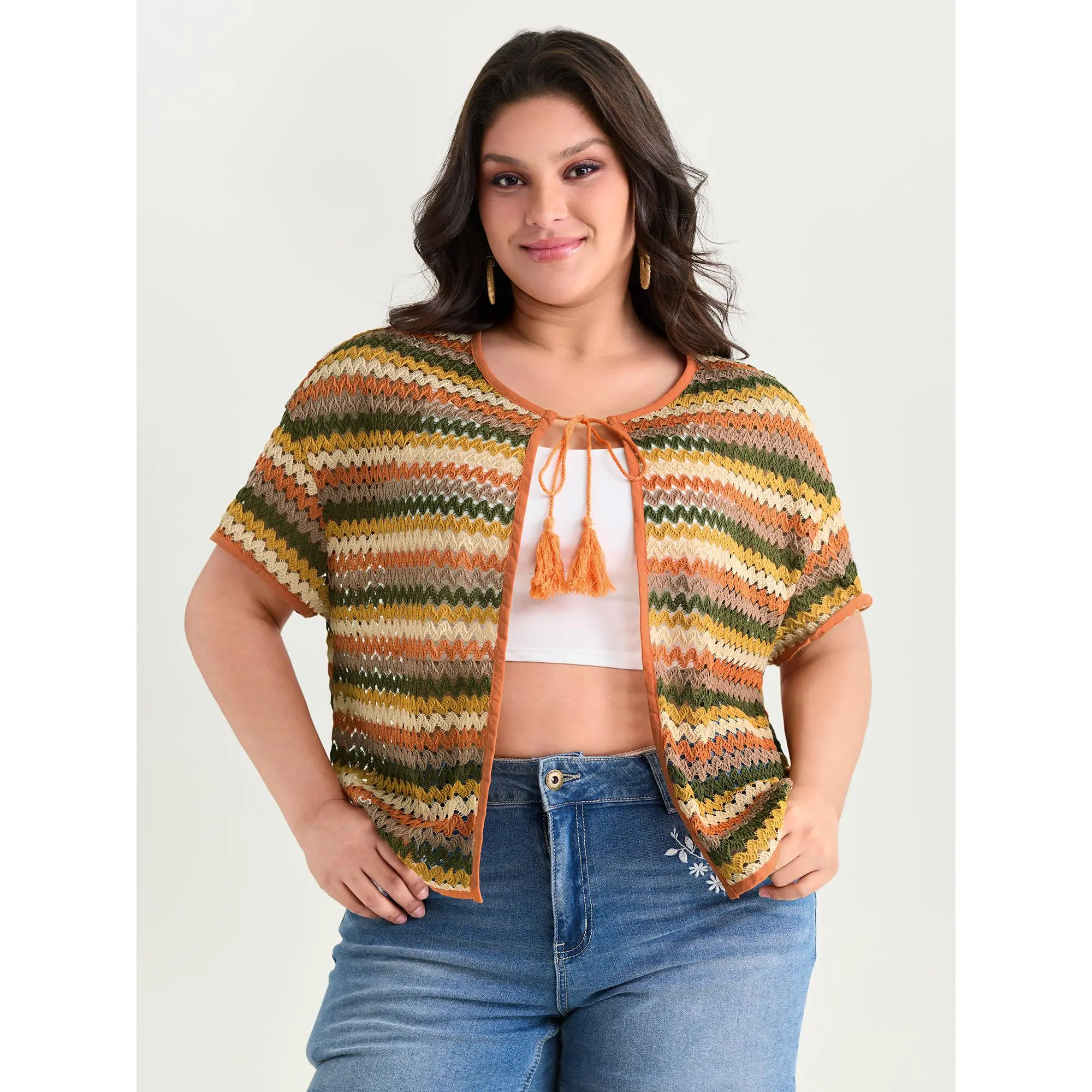 BloomChic Women's Plus Size Bright Orange Boho Striped Short Sleeve Polyester Knit Blouse with Cut-Out Detail, Garment, Shortsleeve, Fabric, Shirts, Casual