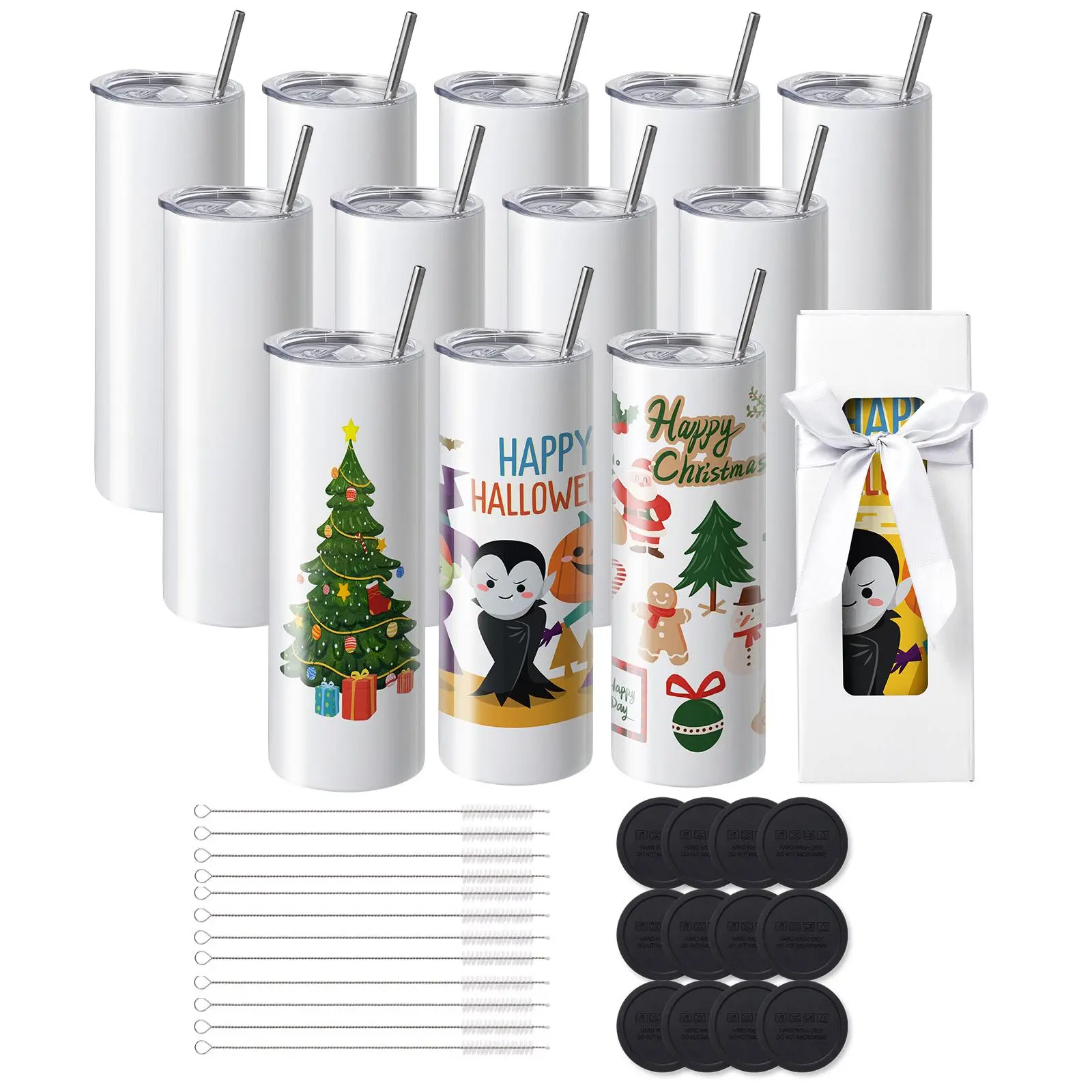 VEVOR 12 Pack Sublimation Tumblers 20oz Skinny Straight,  Stainless Steel Sublimation Tumblers Blank, Stainless Steel Double Wall Tumbler for Heat Transfer Customized Gifts with Lid and Straw, Gift Box Drinkware Flasks