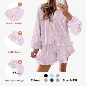 Fisoew Womens Stripe 2 Piece Lounge Sets Button Down Ruffle Shirts Shorts Sets Casual Oversized Pajama Sets Loungewear