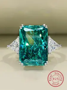 S925 Sterling Silver Fashion Square Shaped Artificial Gemstone Ring, Luxury Jewelry for Women, Trendy All-match & Exquisite Jewelry for Birthday Gift