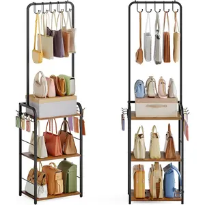 Floor-Standing Purse Organizer for Closet with 5 Hangers & 6 Side Hooks, Tall Purse Rack Stand for Purse Storage, High-Capacity Handbag Organizer, Multi-Purpose Purse Storage Organizer for Small Place