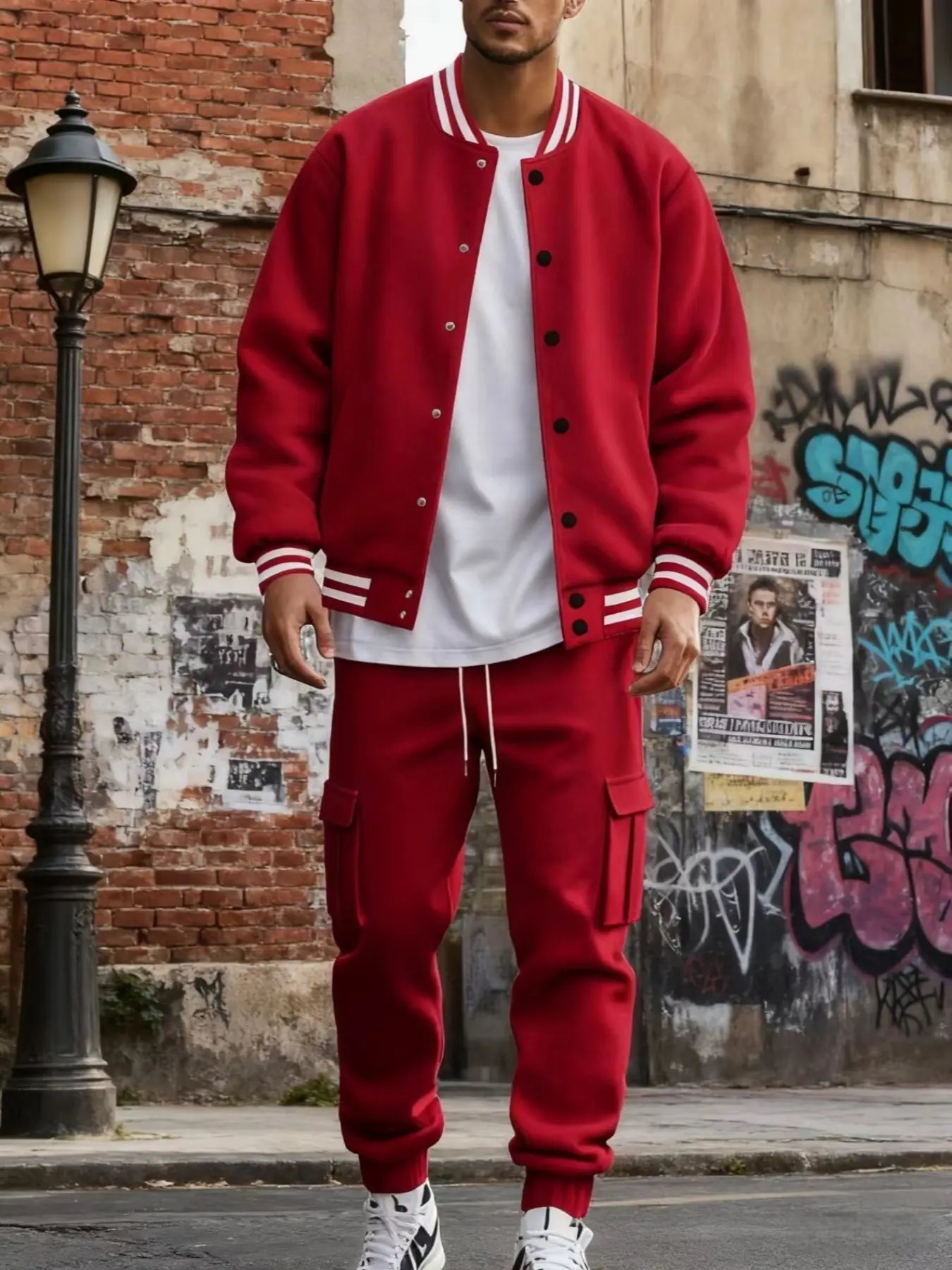 2-piece men's baseball jacket and cargo pants set, Activewear, Clothes, Garments, warm and windproof, Ribbed Striped Collar/Cuffs, Cargo Pockets, Elastic, suitable for daily casual wear and street sports, boyfriend christmas, Menswear
