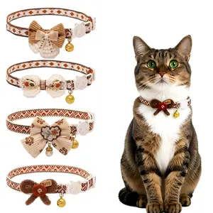 4pc Adjustable Nylon Pet Collar Set with Embroidered Bow and Bohemian Floral Pattern, Bell Accessory - Suitable for Cats and Small Dogs