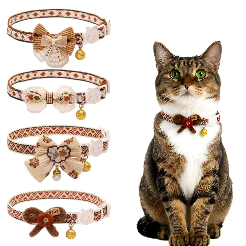 4pc Adjustable Nylon Pet Collar Set with Embroidered Bow and Bohemian Floral Pattern, Bell Accessory - Suitable for Cats and Small Dogs,summervibes Leash Harness dog accessories dog accessories for large dogs