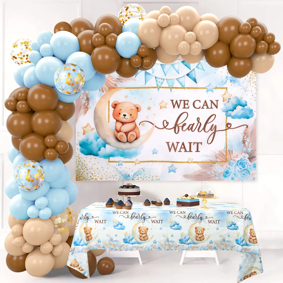 99Pcs We Can Barely Wait Bear Baby Shower Decorations, Blue Brown Cream Balloon Garland Kit with Backdrop and Tablecloth for  Baby Shower Party Supplies