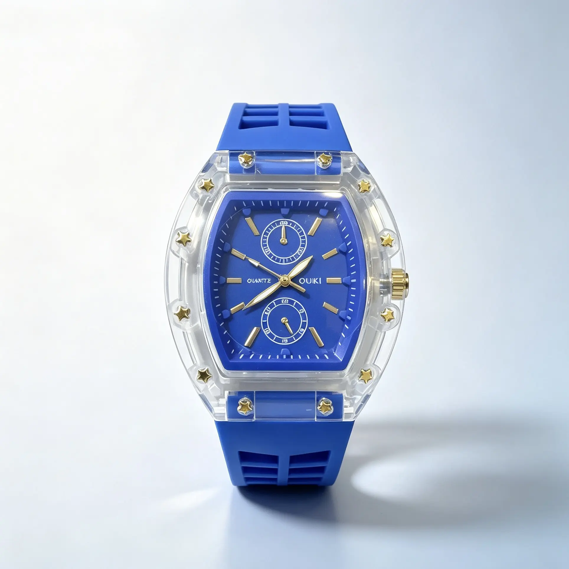 OUKI Men Tonneau Shape Quartz Watch Transparent Case Blue Silicone Strap Fashion Casual Multifunctional Waterproof Male Wrist Watch-05