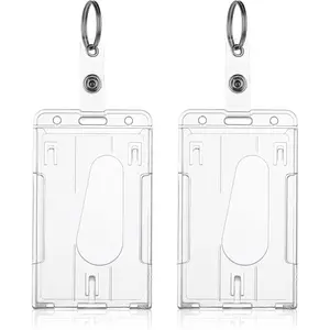 ID Card Badge Holder with Keyring, 2 Pack Heavy Duty Badge Holders  Hard Plastic Clear Card Protector Thumb Slot Card Case School Office Supplies(Vertical)
