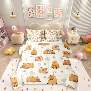 Kawaii Capybaras Comforter Bed Set with Sheets,7 piece Capybara Lover Bed Bag,Cute Rodents Animals Print Bedding Set,Kids Adults,Beige Khaki Capybara Bed Set