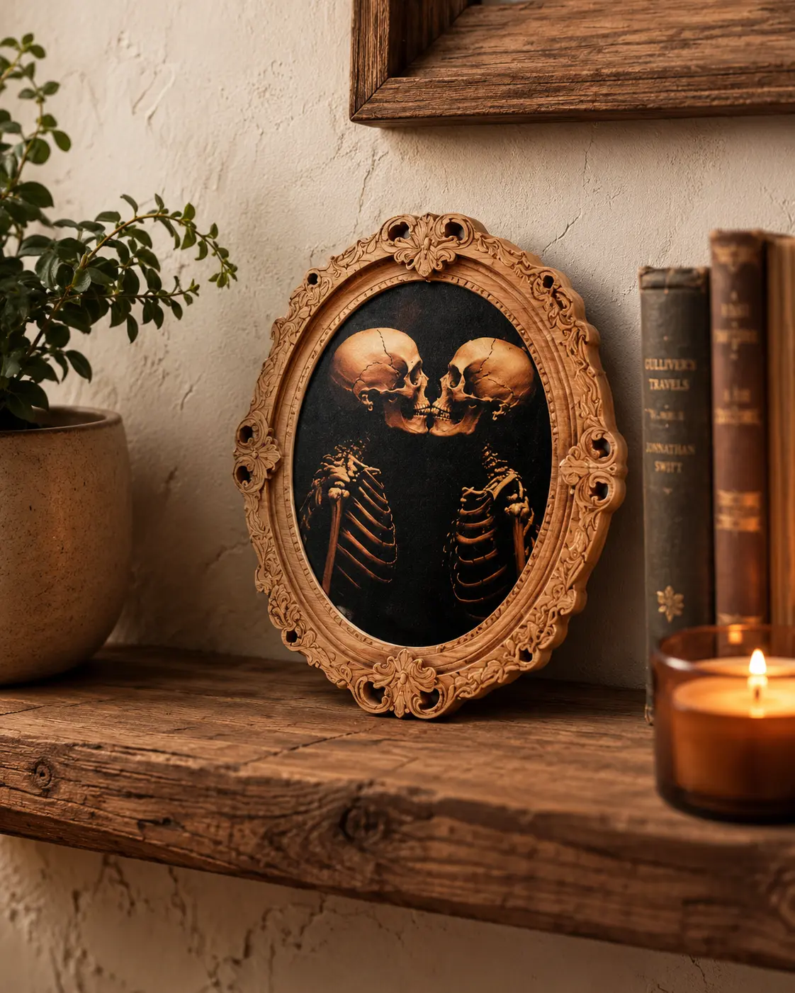 Gothic Kissing Skeletons Wooden Fridge Magnet, Vintage Ornate Carved Frame Decor, Macabre Romance Art, Dark Academia Kitchen Decor, Til Death Do Us Part Gift