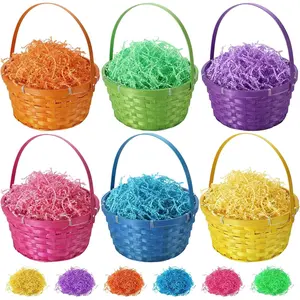 6 count Easter  Baskets Gifts 10.6 x 10.2 Inches Wicker Baskets with Handle and Raffia Easter Eggs Hunt Woven Basket Bulk for Picnic Party Rattan  Storage Party Supplies(Solid Color)
