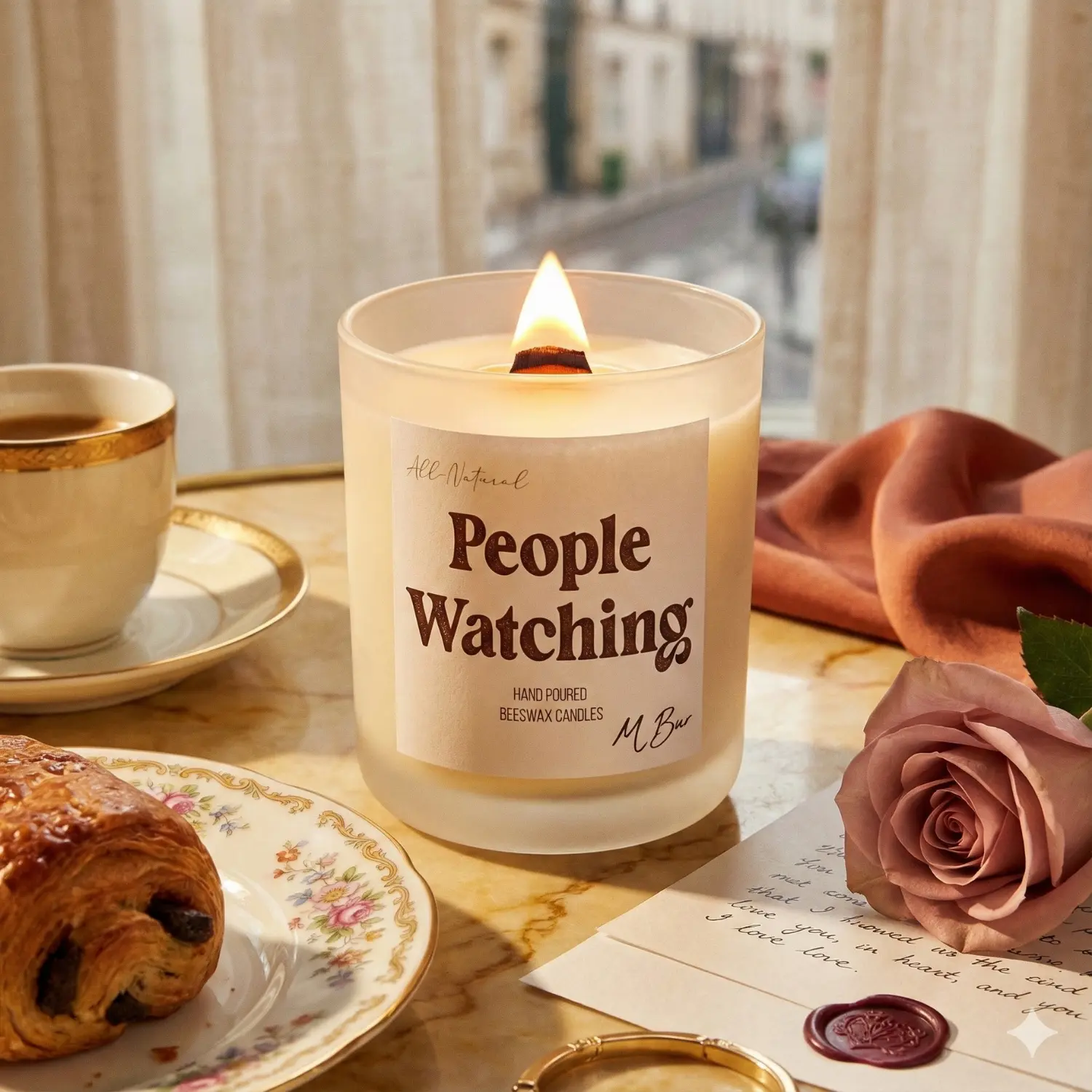 Vanilla Cinnamon Candle, Wooden Wick, Non-Toxic Beeswax | People Watching | MBur