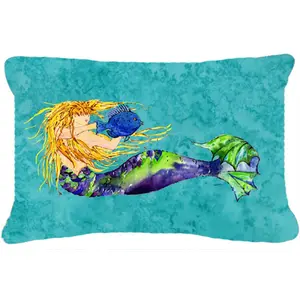 212 MAIN Indoor-Outdoor Decorative Pillow - Polyester Fabric, Fade-Resistant Teal Cover, Blonde Mermaid Motif Artistic Print, Indoor-Outdoor Decorative Pillows