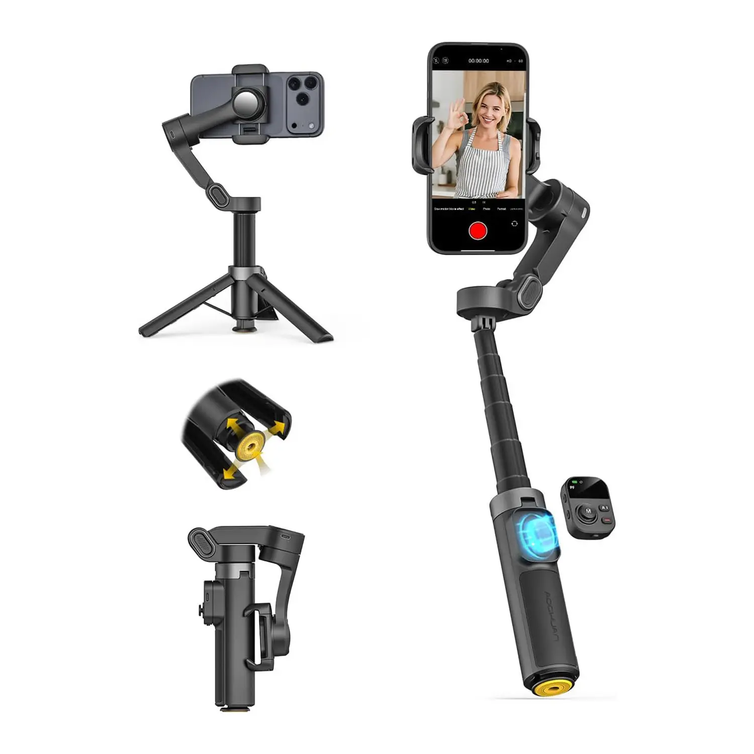 2026 New 3-Axis Gimbal Stabilizer with Extendable Selfie Stick  - Auto Unfold Phone Stand for Video Recording, 360° Face/HGesture Tracking, Remote Control, Tripod Included for Smartphone Vlogging, Compatible with iPhone & Android Cellphone Black