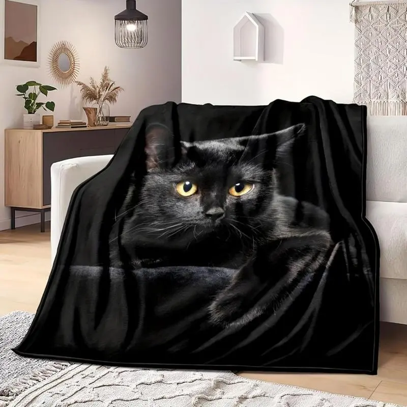 Modern Soft Black Cat Print Polyester Flannel Throw Blanket - Wrinkle Resistant, Breathable, Durable, Fade Resistant, Sleep-Friendly, Machine Washable - Ideal for Couch Naps, Office Use, Bedding Gift